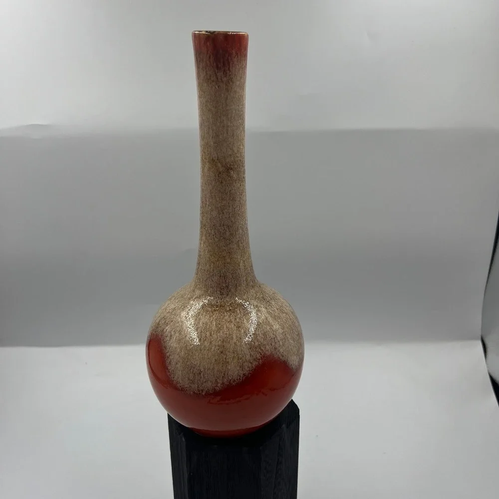 Vtg Royal‎ Haeger Red Burnt Orange Lava Drip Glaze Long Neck Bud Vase MCM 11.5